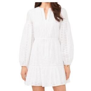 1.State Women's White Revolve Split Neck Eyelet Lace Mini Long Sleeve Dress S